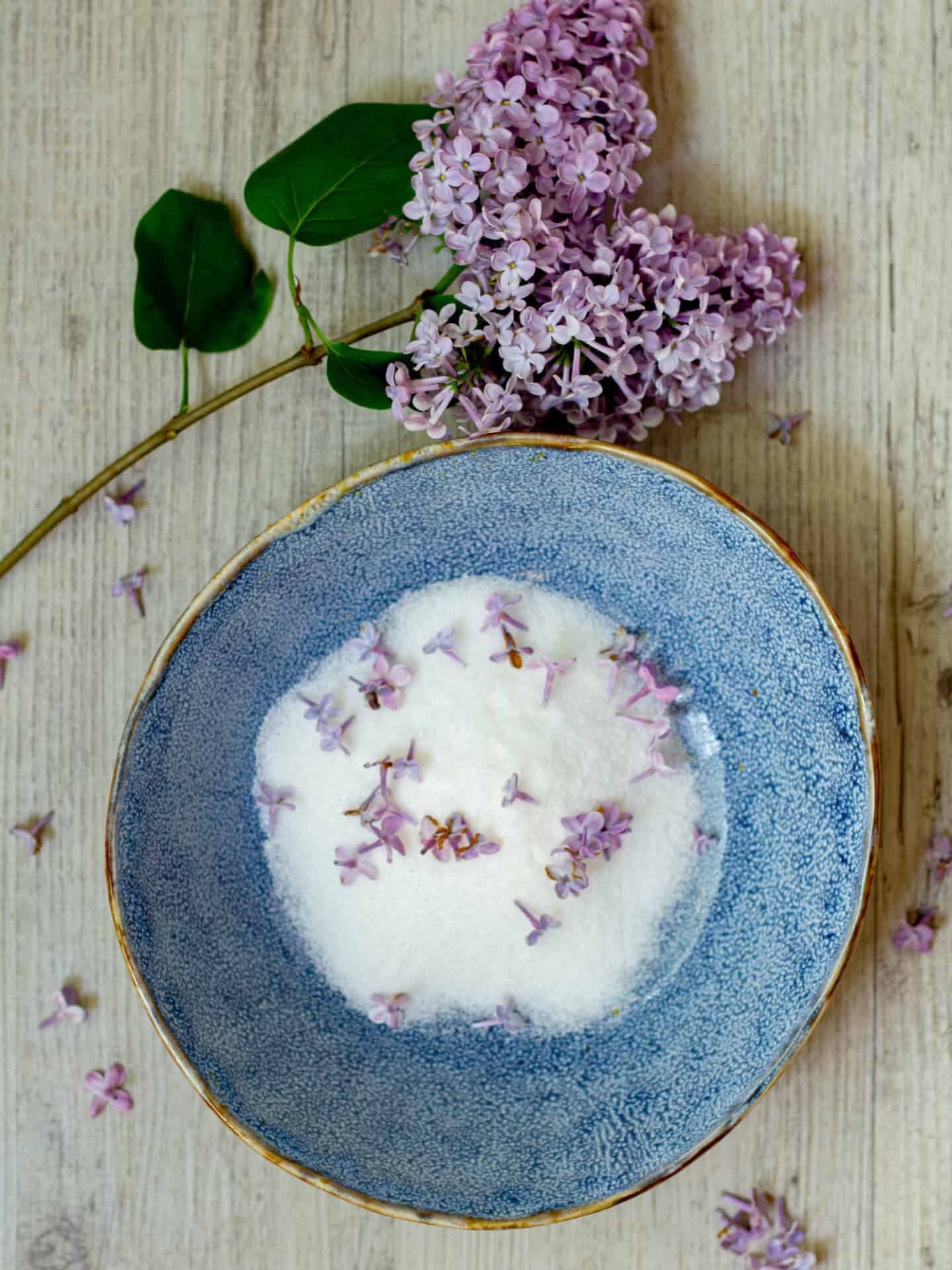 Bowl of lilacs and sugar