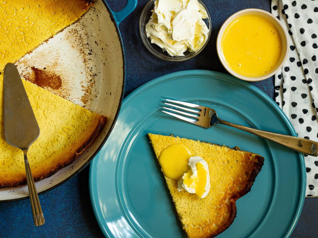 slice of dutch baby with skillet