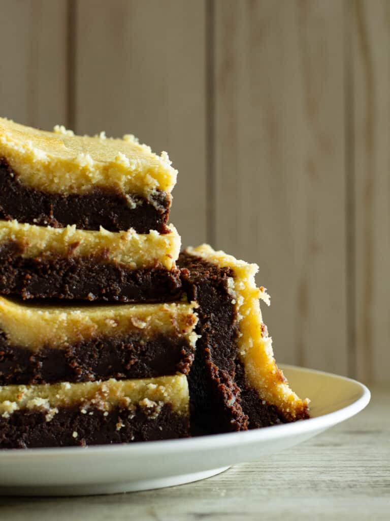stack of brownies on a plate