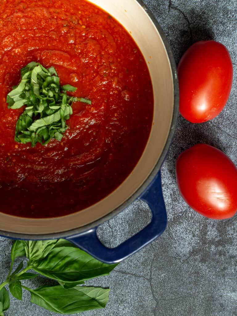 closeup of tomato sauce with fresh tomatoes and fresh basil