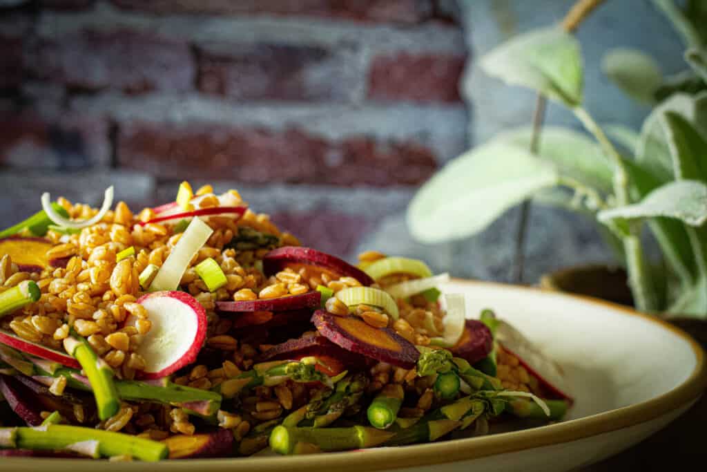 closeup photo of farro salad