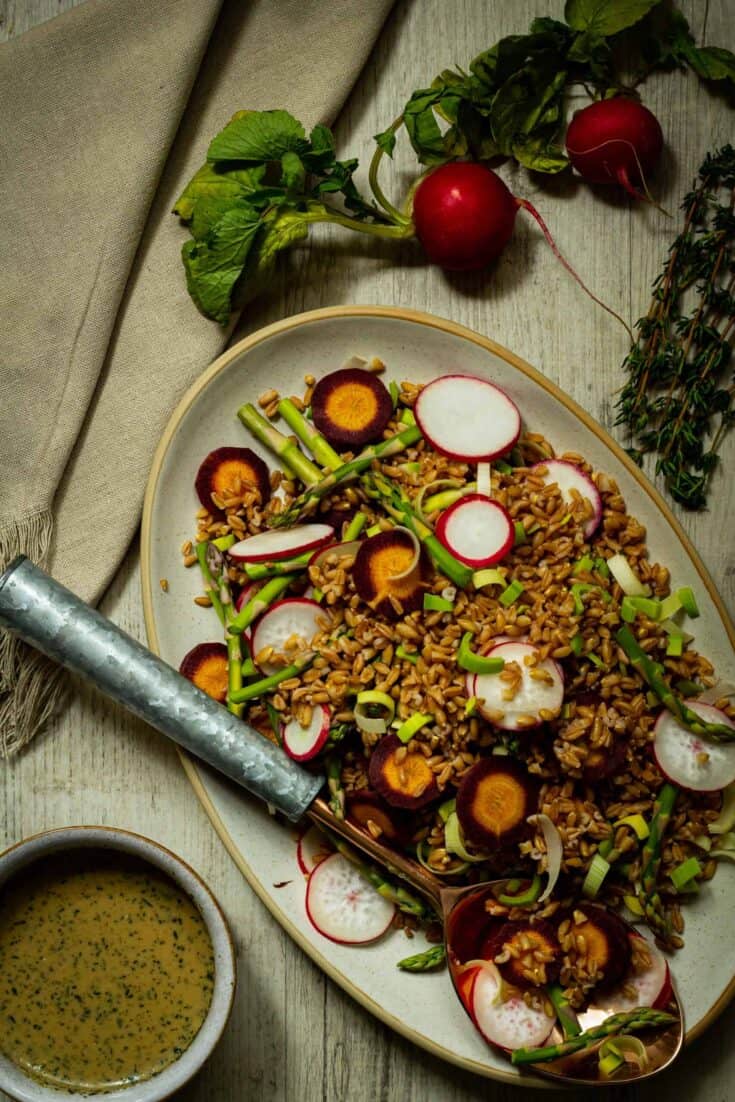 farro salad with a dish of vinaigrette and spoon