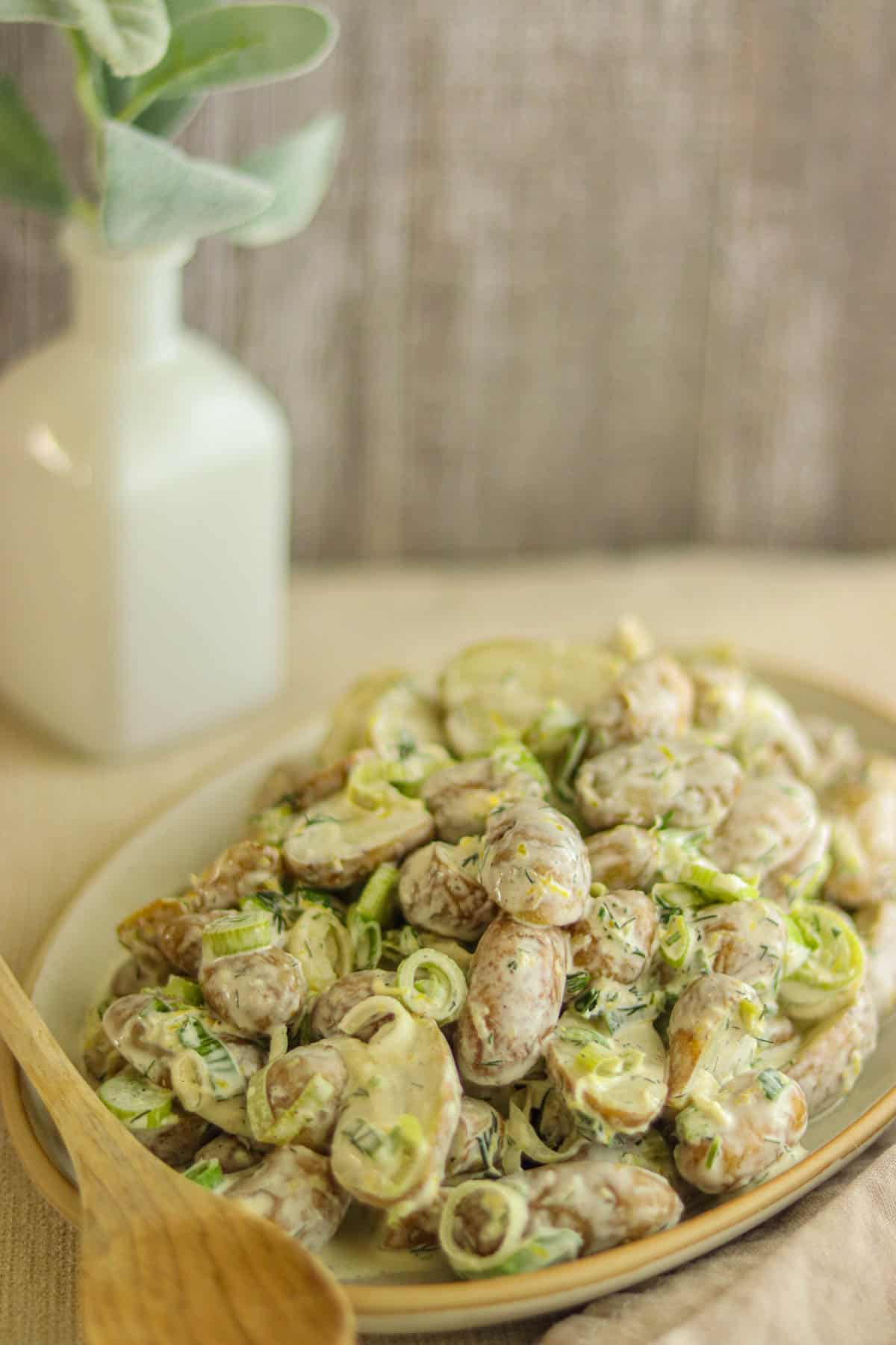 plate of potato salad with spring onions