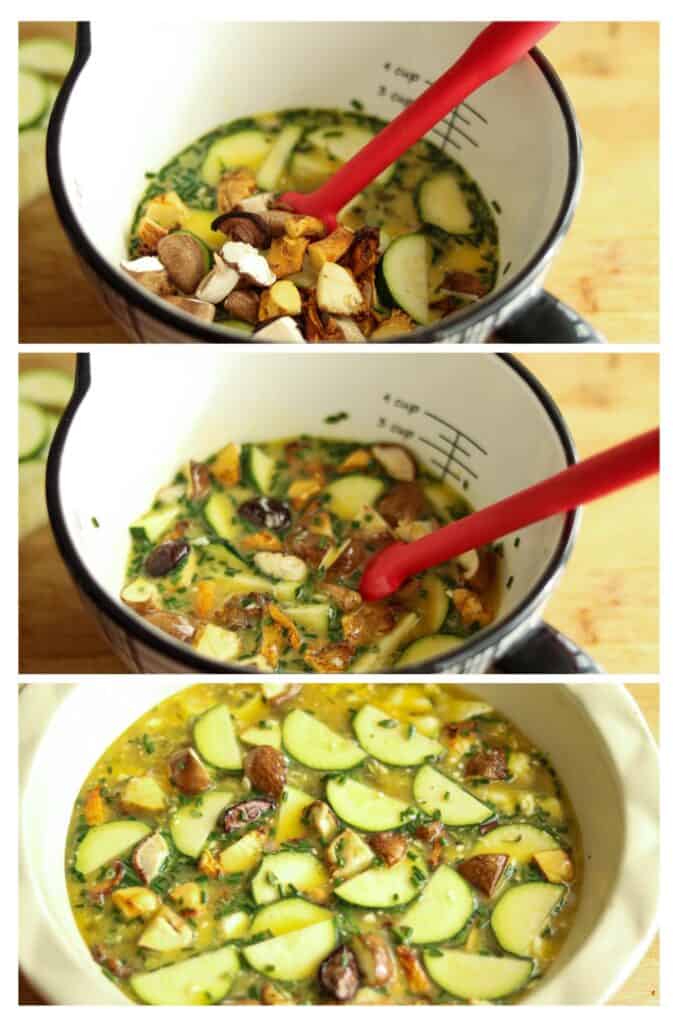 photos showing adding the vegetables to the eggs and the frittata in a pie dish