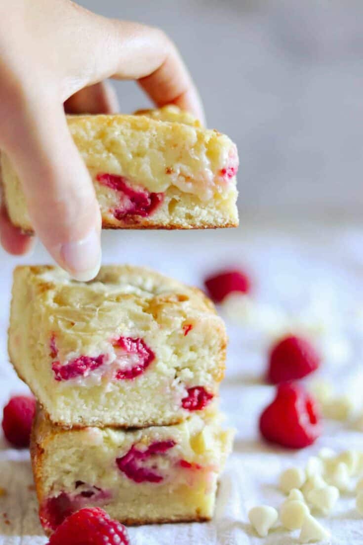 stack of three white chocolate raspberry blondies