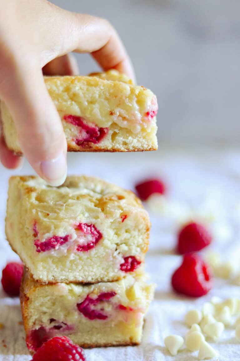 stack of three white chocolate raspberry blondies