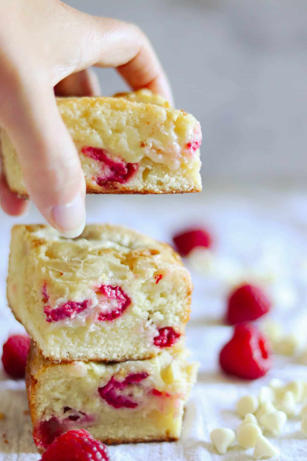 stack of three white chocolate raspberry blondies