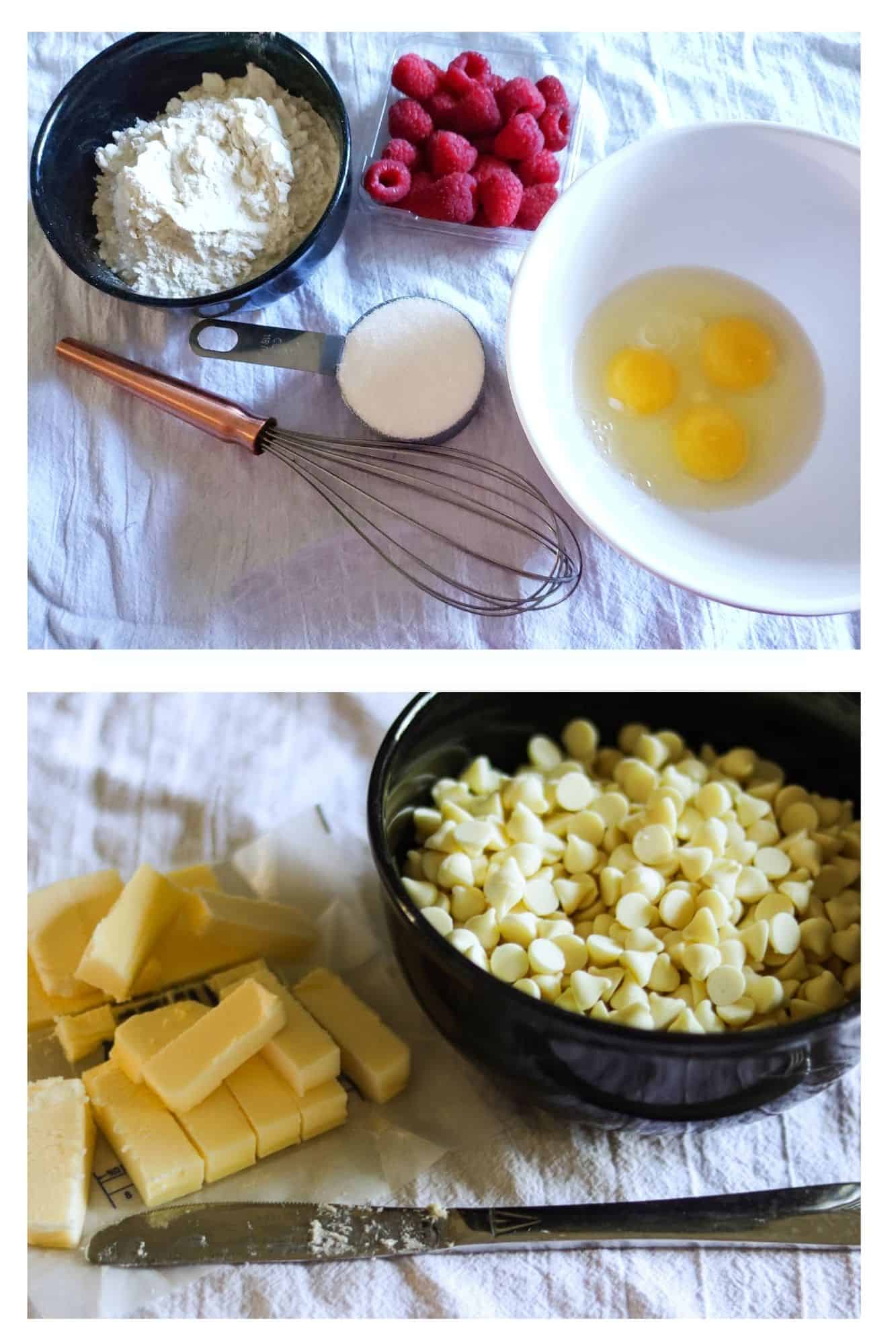 ingredients for white chocolate raspberry blondies