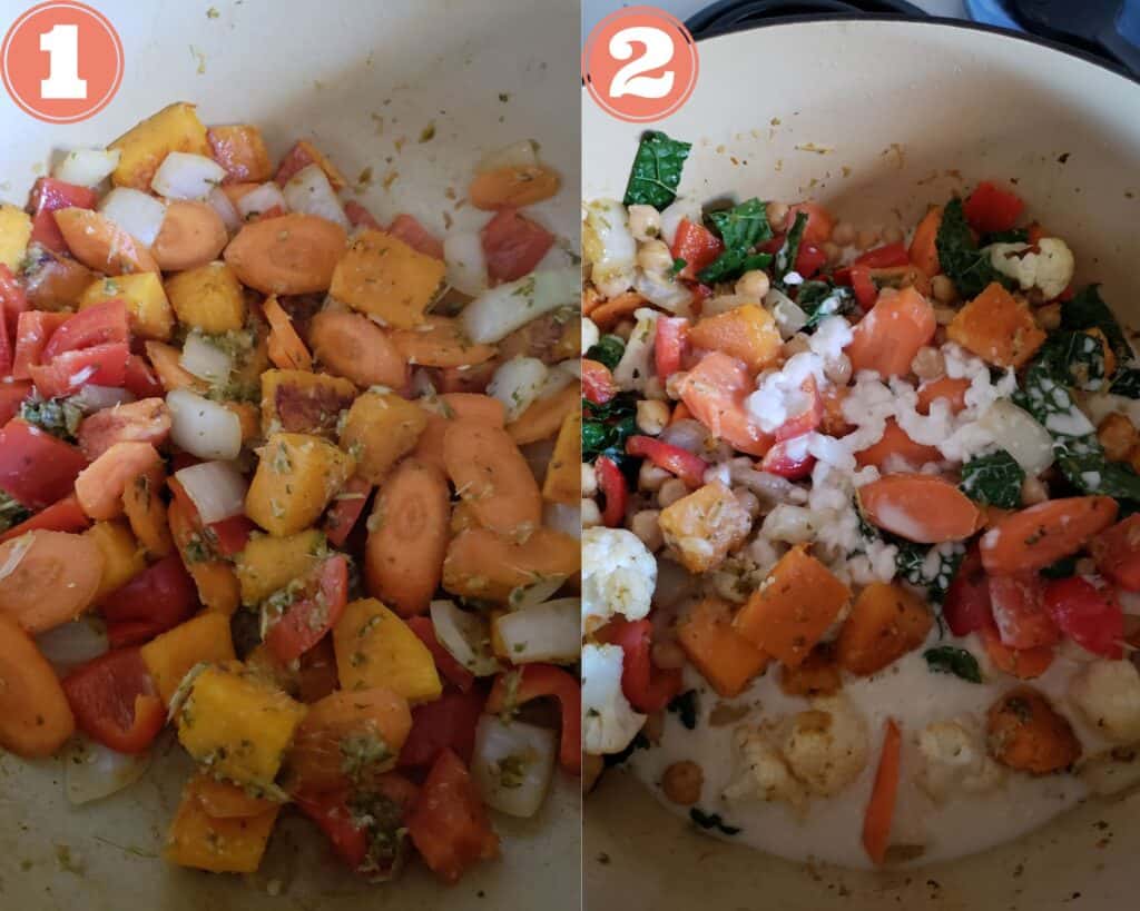 photos that show adding the curry paste and the coconut milk to the pot