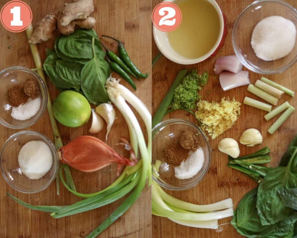 photos of the green curry paste ingredients before and after chopping them.