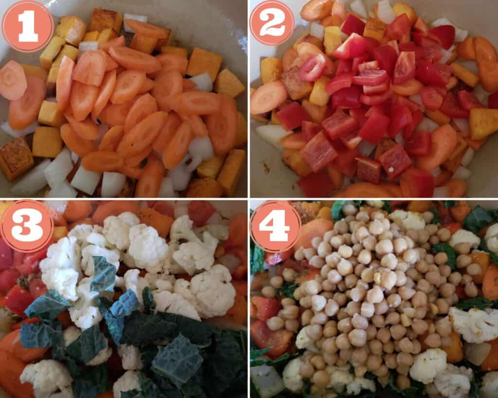 four photos showing adding the vegetables to the pot.