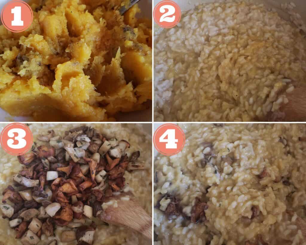 collage of four photos showing adding the pumpkin and mushrooms.