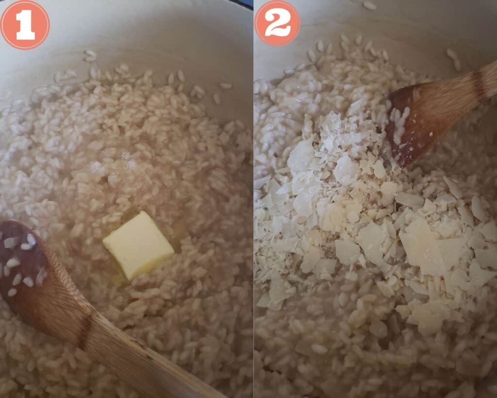 two photos showing adding the butter and cheese to the risotto.