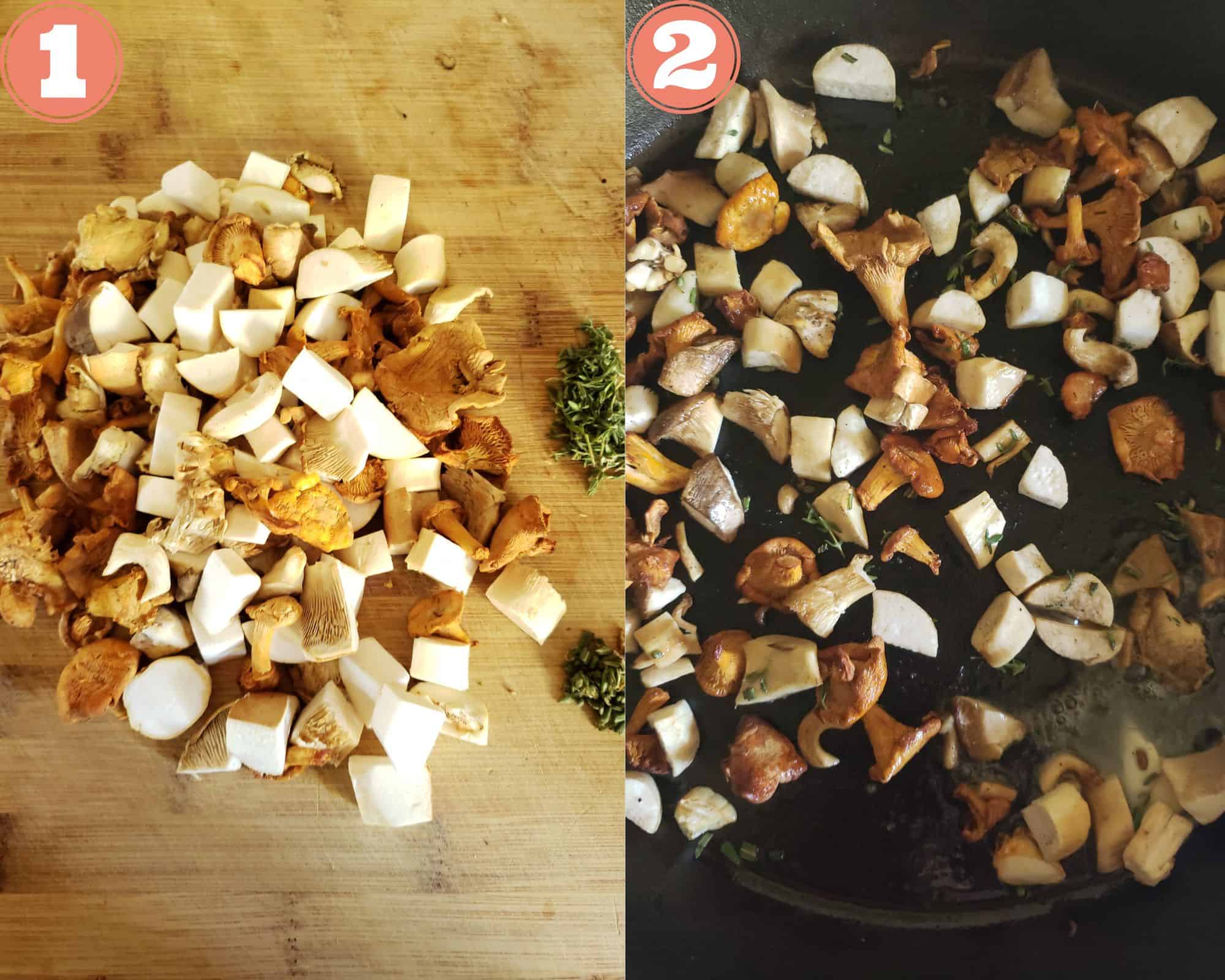 chopped mushrooms and herbs on a cutting board, and the mushrooms and herbs in a pan.