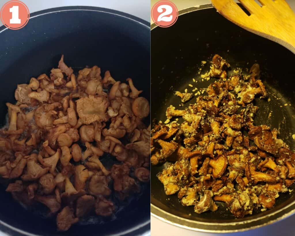Cooking the mushrooms and adding the flour to the mushrooms.