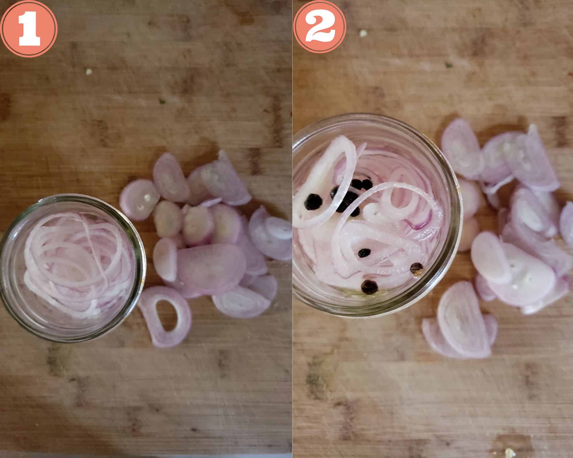 photos showing how to add the shallots to the jar and pour in the brine.