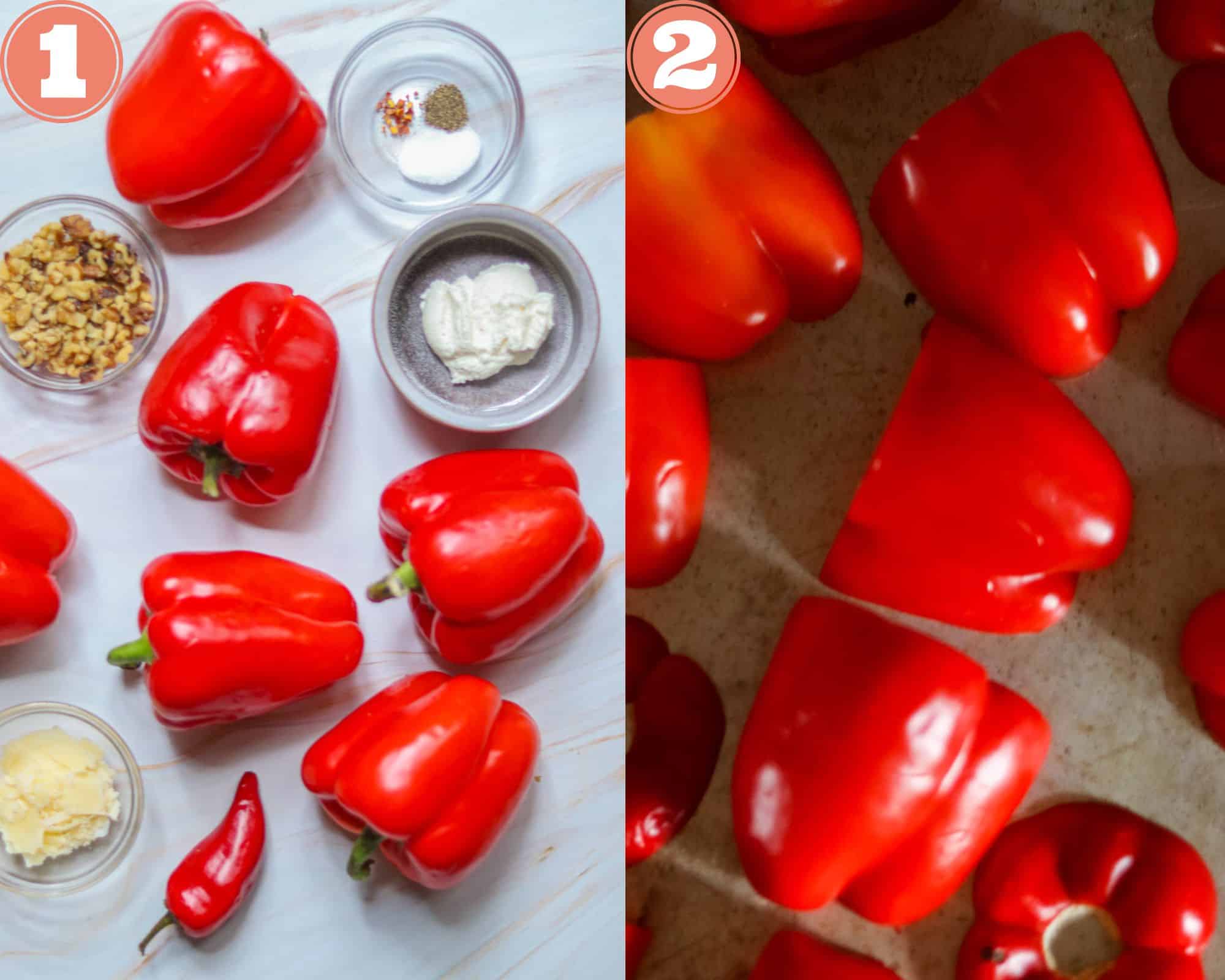 Photo of pesto calabrese ingredients and a photo of cut red peppers.