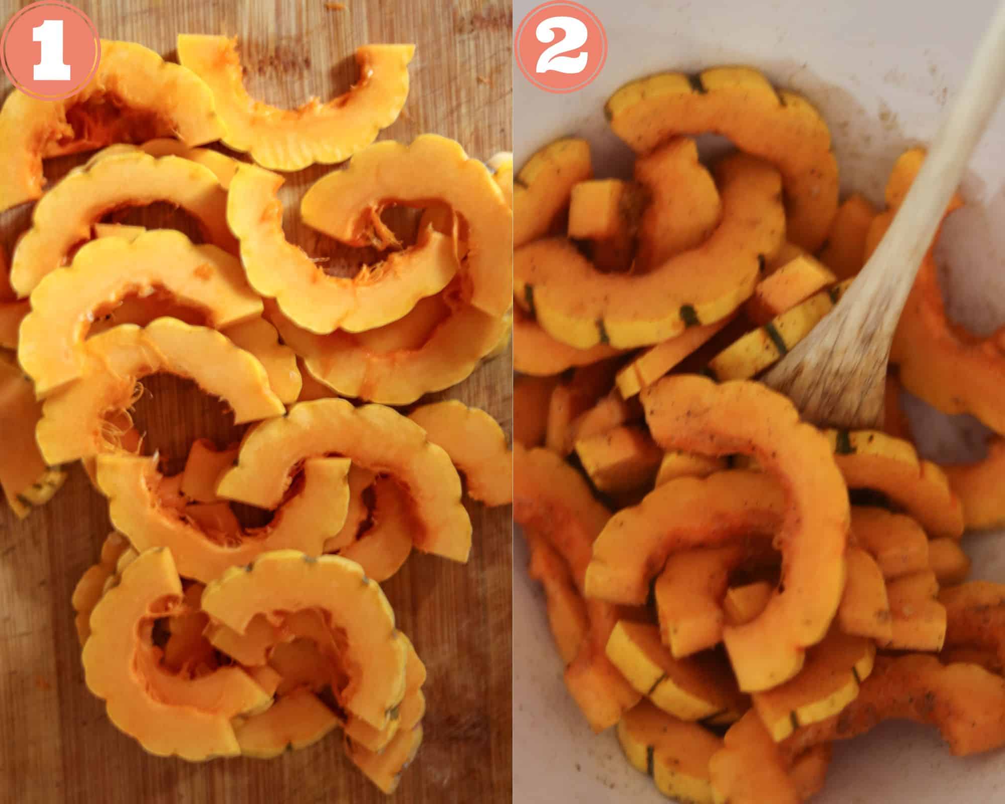 Sliced Delicata Squash before adding oil and seasonings, and Delicata Squash in a bowl being seasoned.