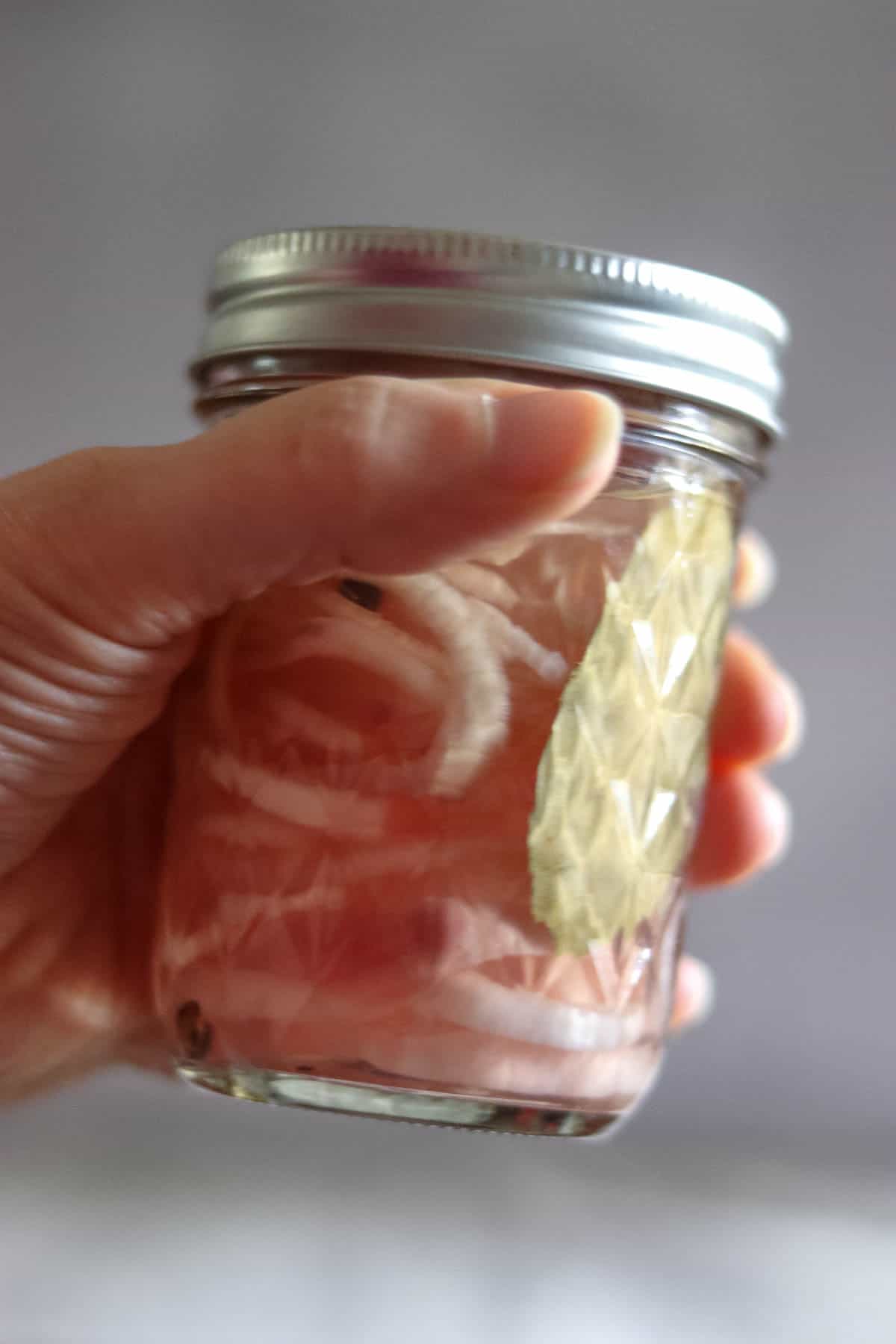 hand holding a glass jar of pickled shallots.
