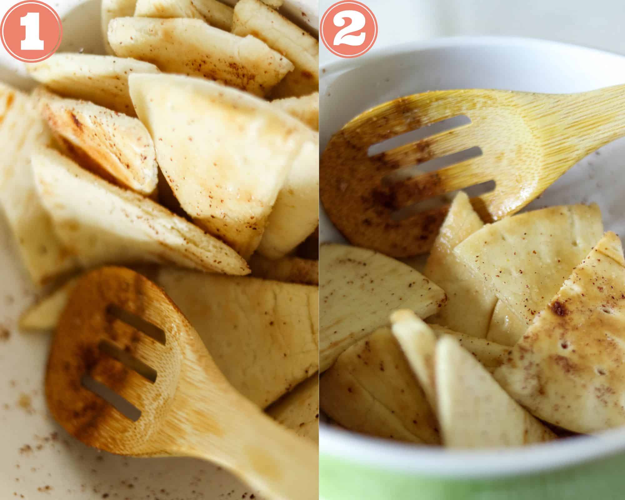 process photos showing how to stir the oil into the pita wedges.
