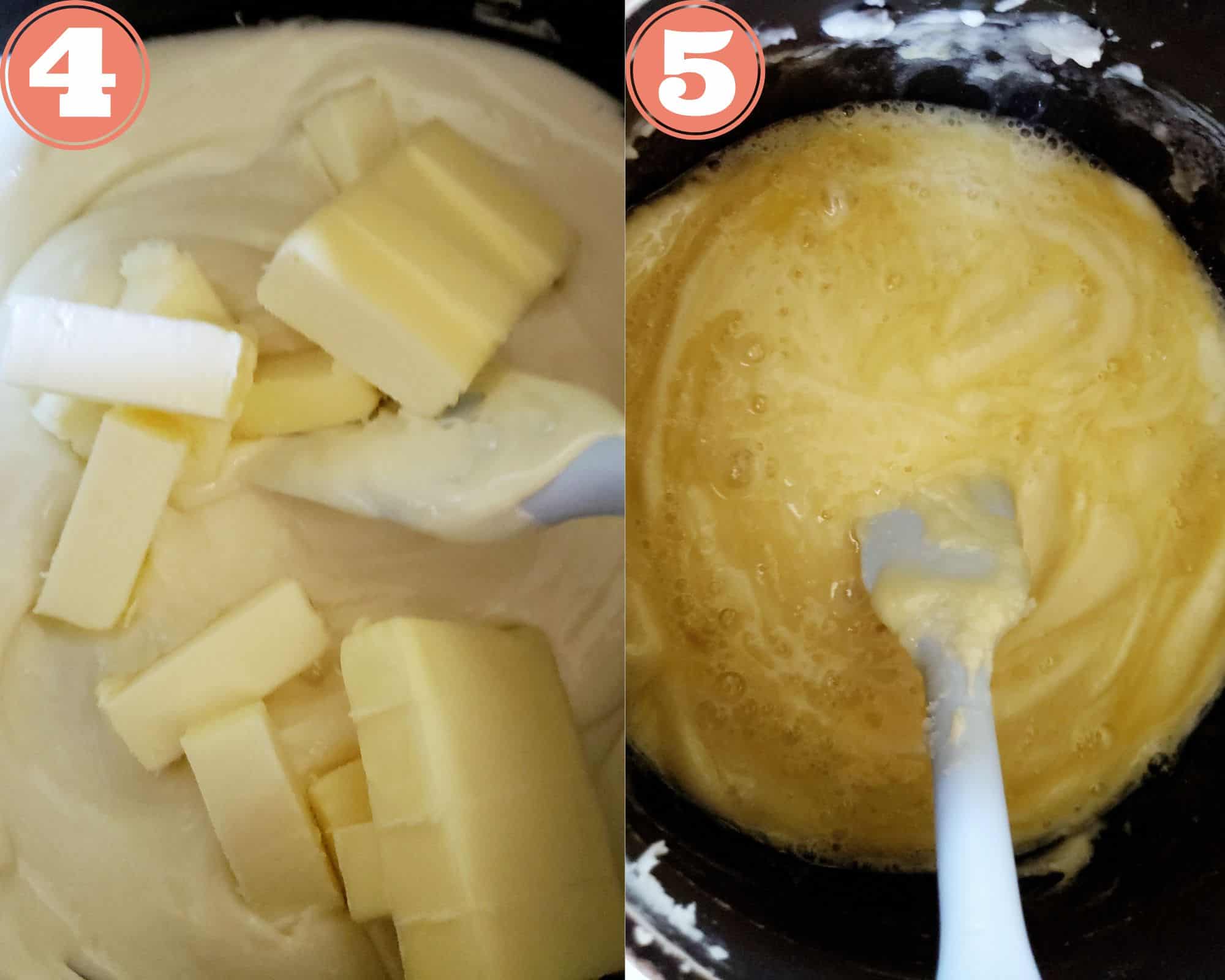 Adding butter to the melted white chocolate and melting the butter.