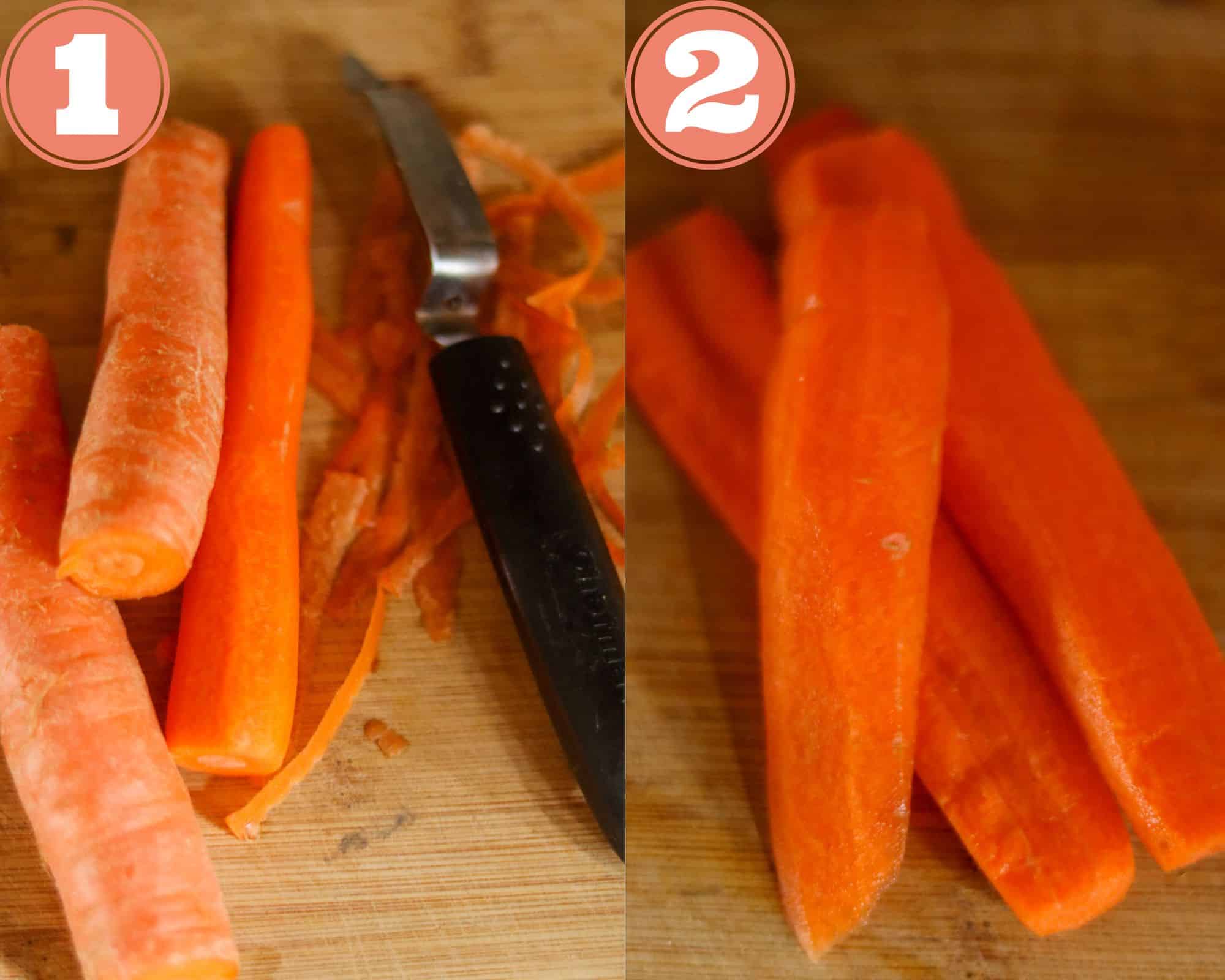 photos showing peeling and cutting the carrots.