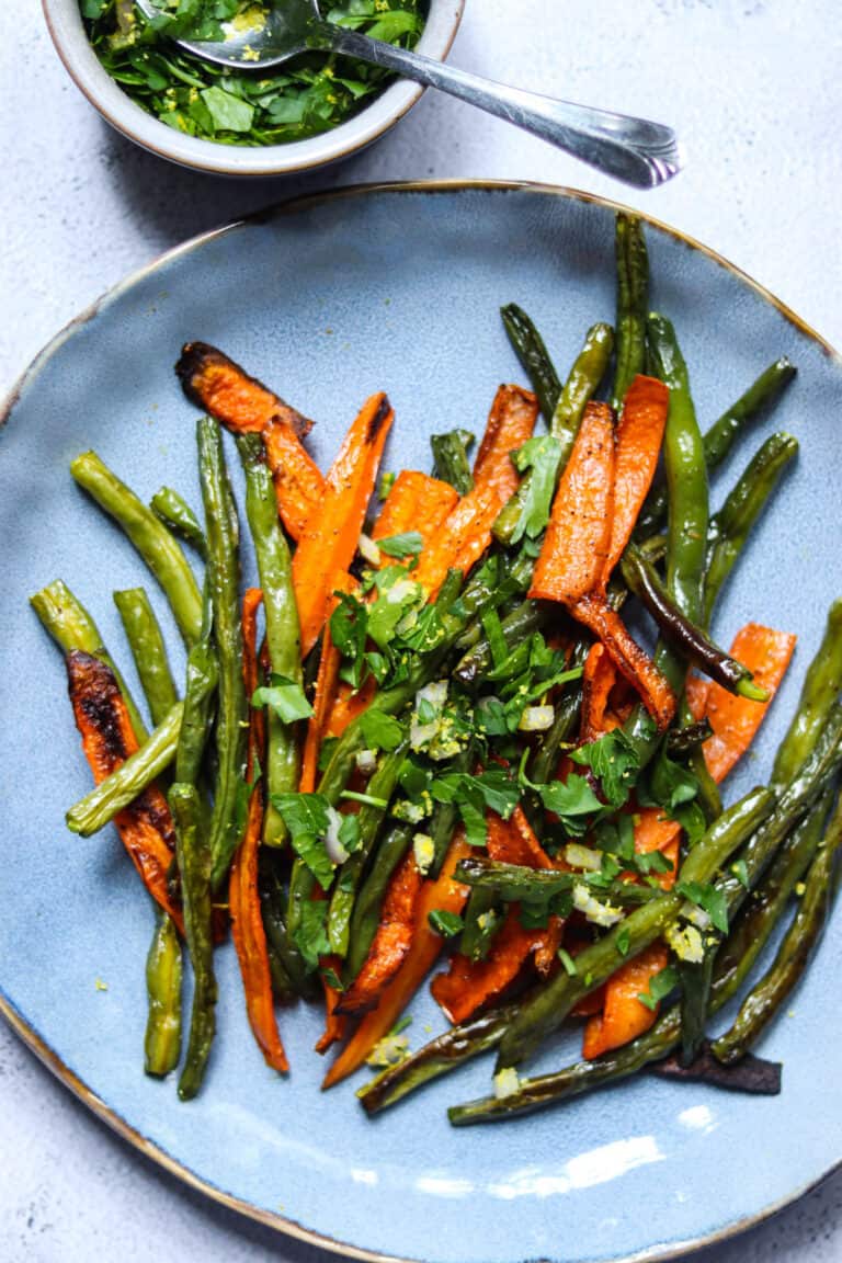 green beans and carrots after roasting.