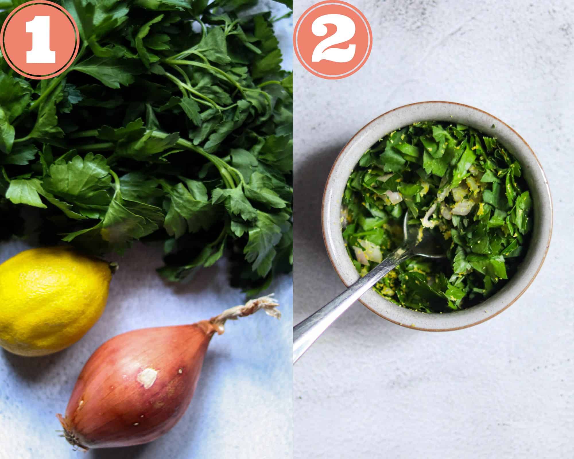 gremolata ingredients and a dish of shallot gremolata with a spoon.