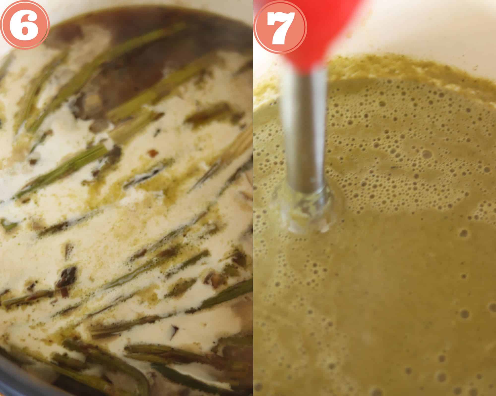 Add the cream and puree the soup.