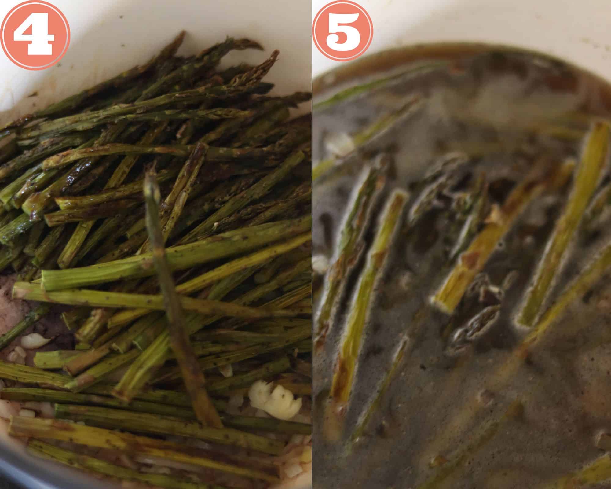 Adding the roasted asparagus and stock to the pot.