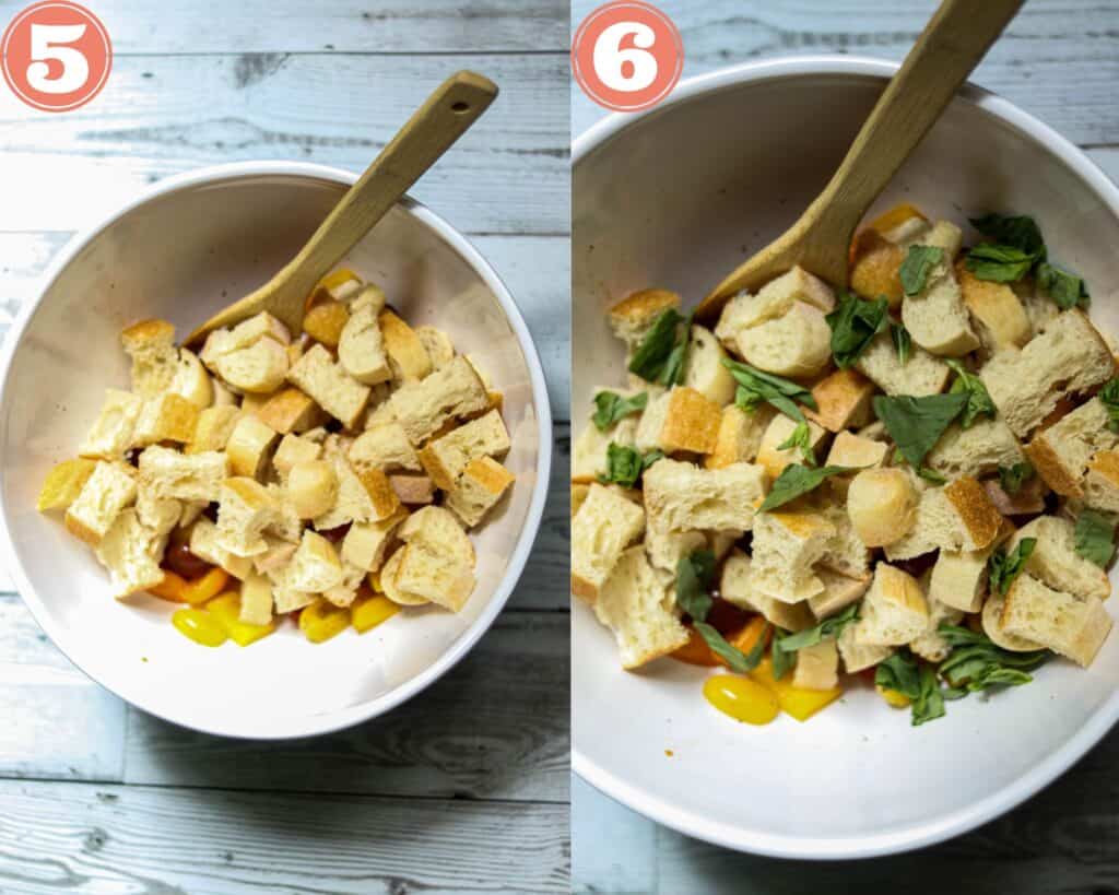 pictures showing the assembly of the panzanella.