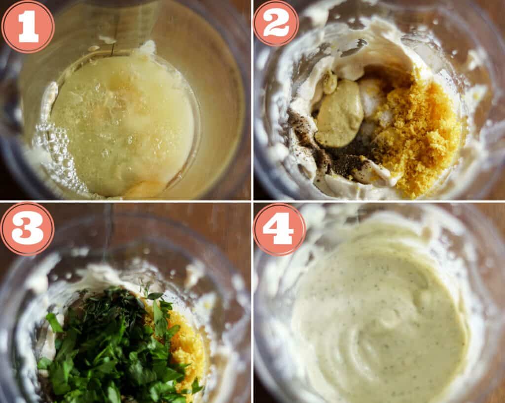photos that show how to make lemon herb tahini sauce.
