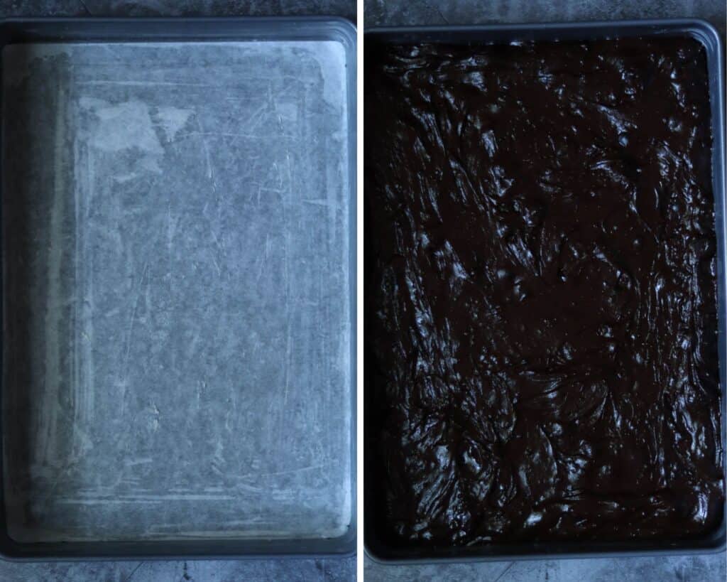 two pictures showing the prepared cake pan and the batter in the pan.