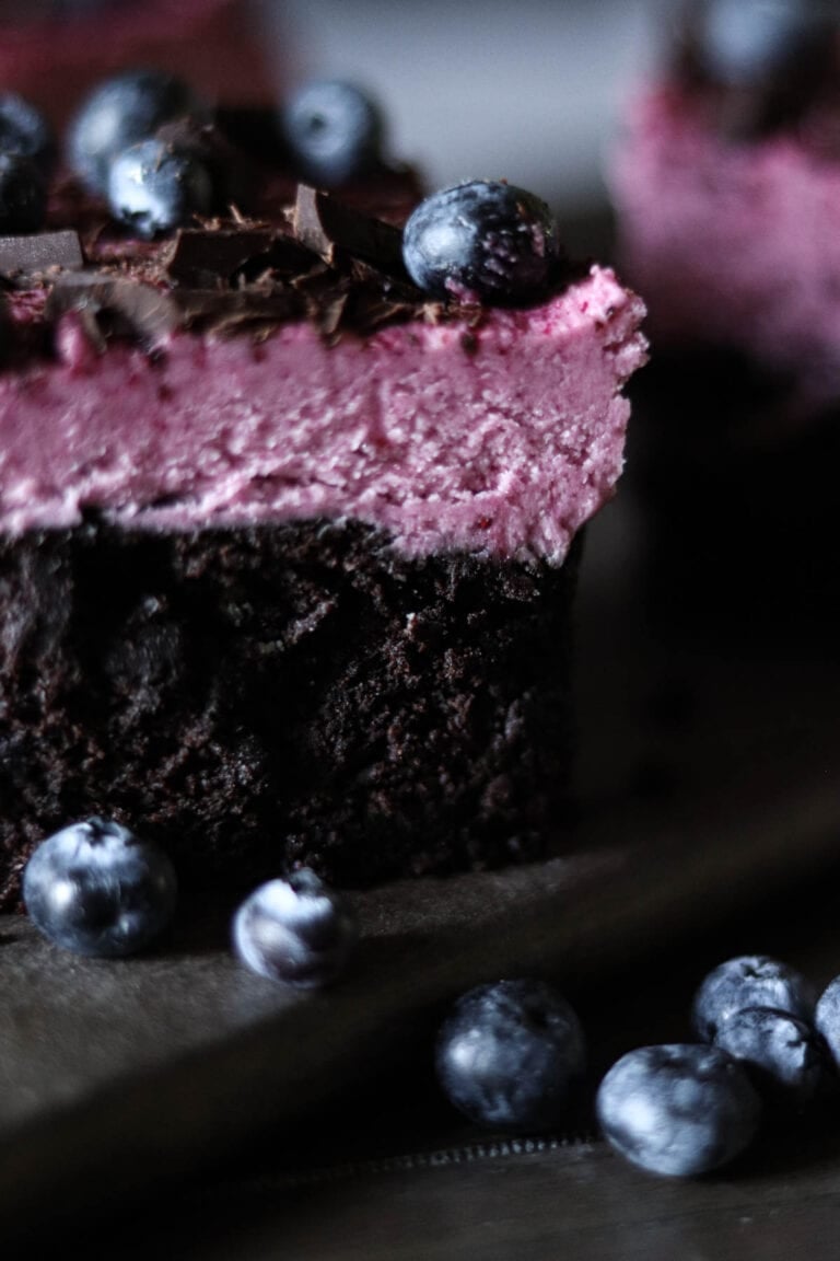 closeup of blueberry cake with fresh blueberries.