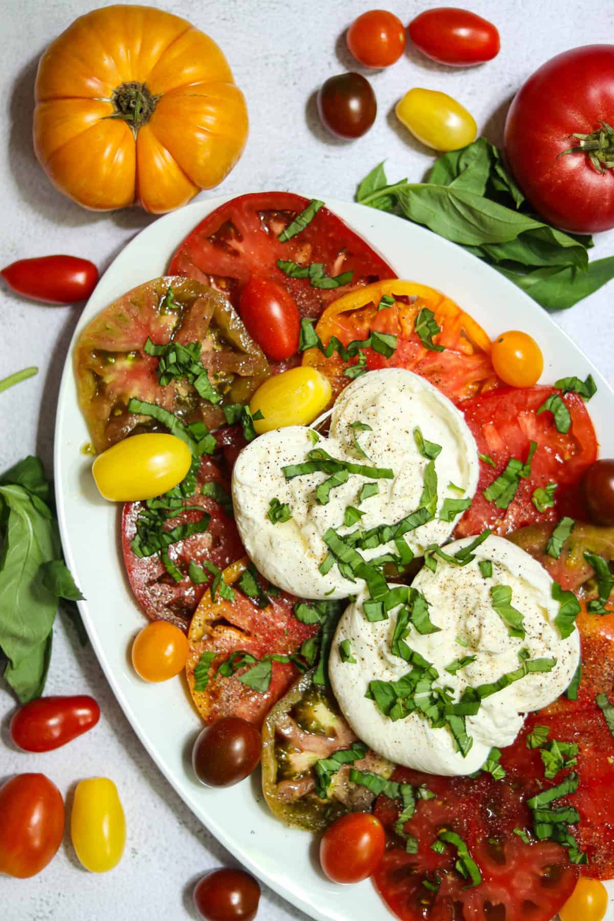 photo of caprese salad with burrata cheese on a white plate.