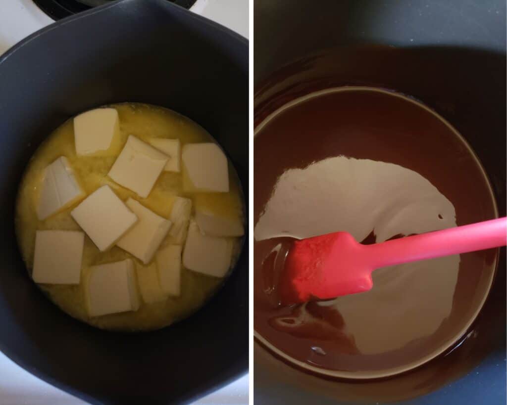 melting the butter and adding the chocolate.