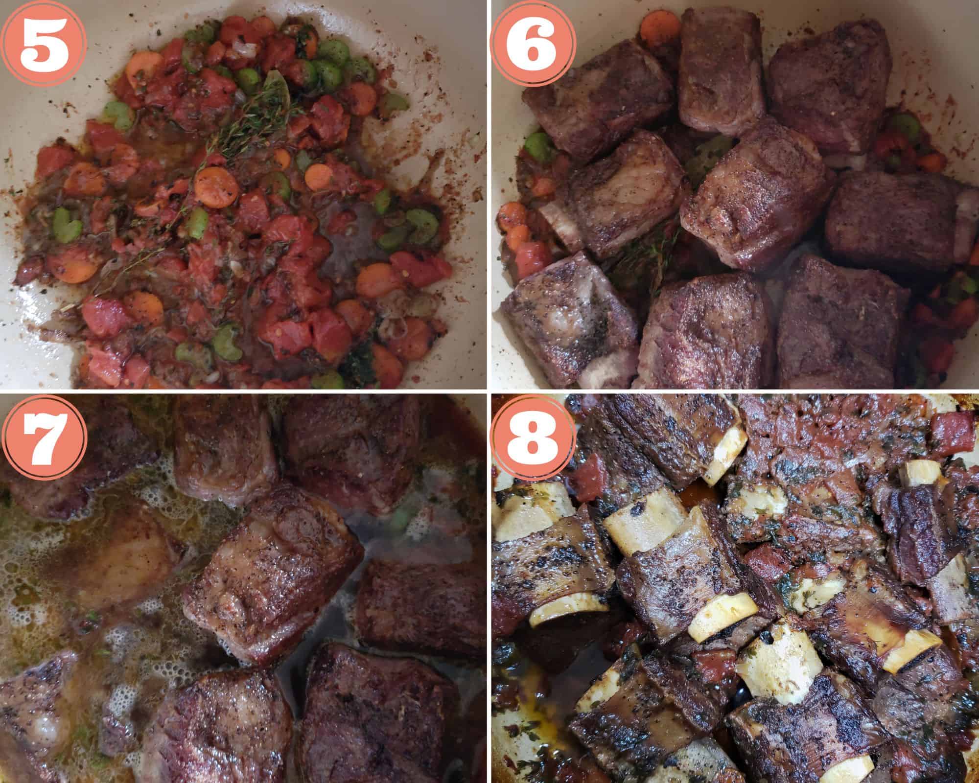 Photos showing adding the short ribs to the pot, adding the liquid, and the short ribs after braising.