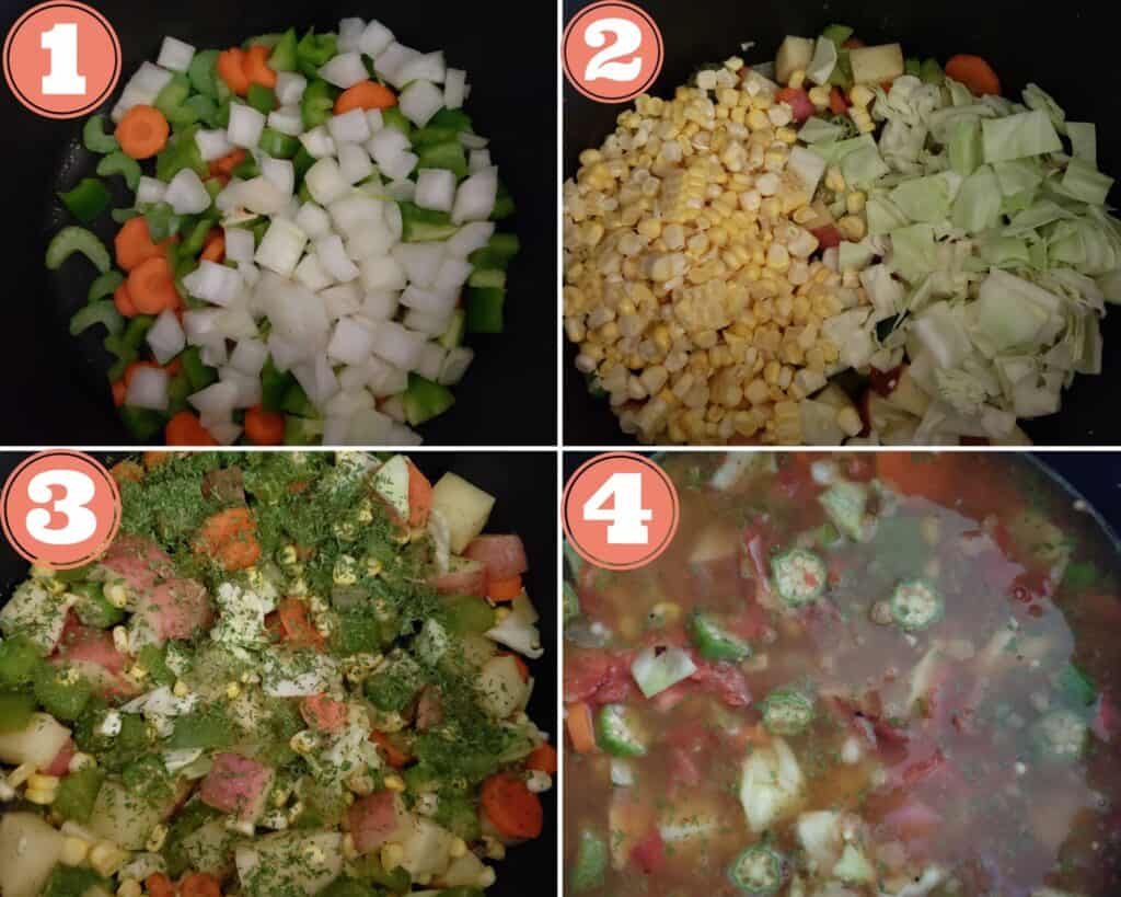 Photos showing adding the vegetables to the pot.
