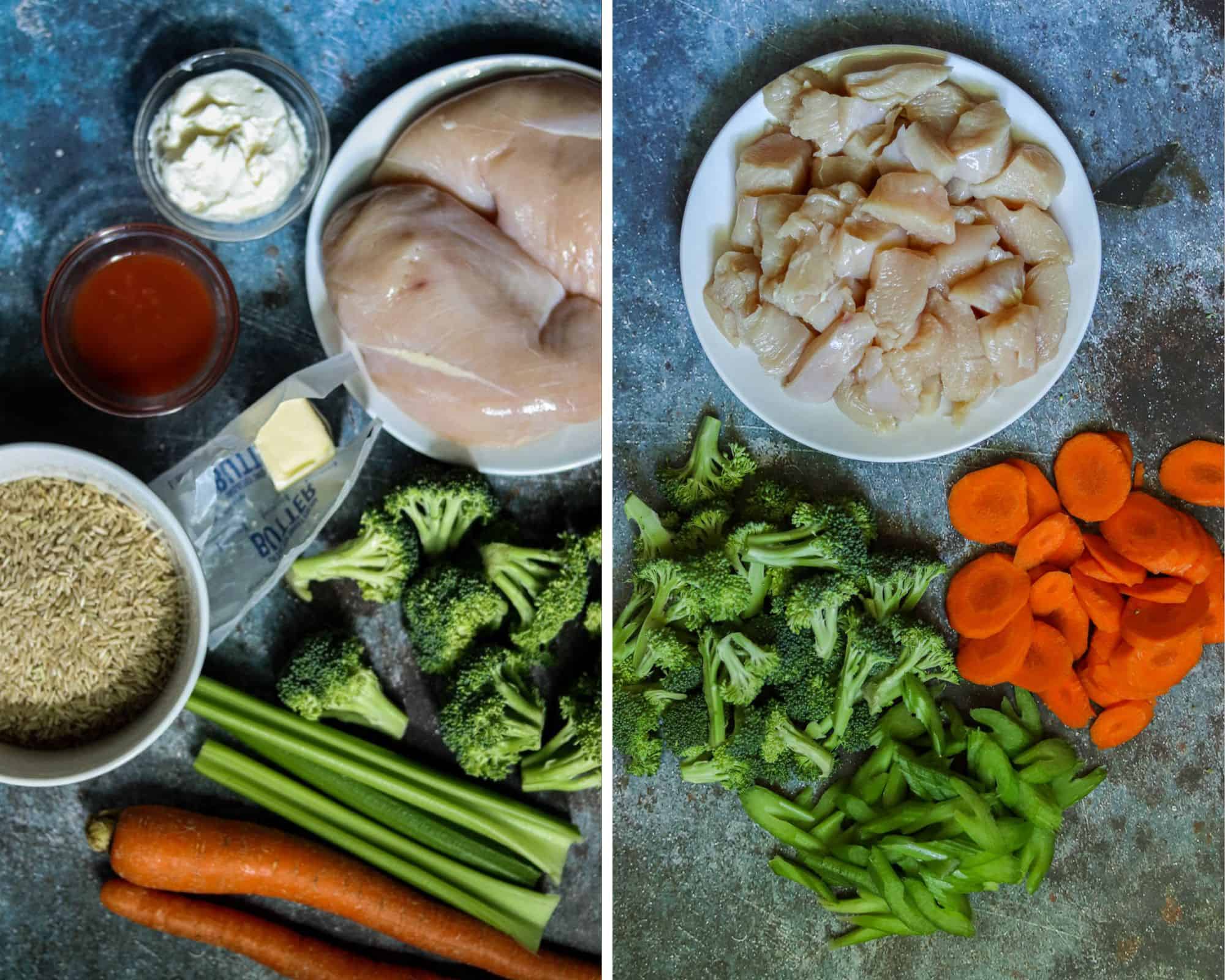 Ingredients for Buffalo Chicken Rice Bowls.