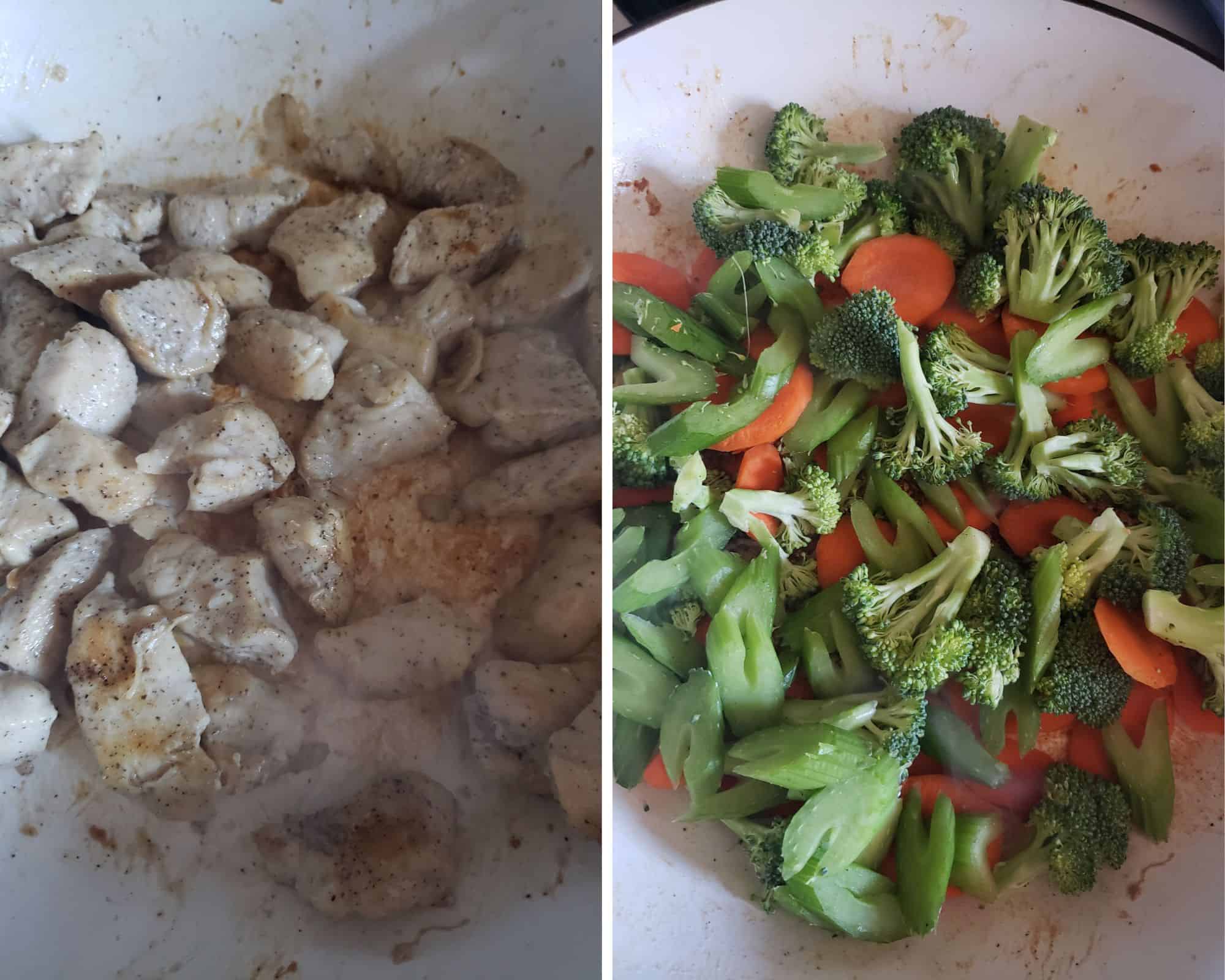 Cooking the chicken and vegetables.