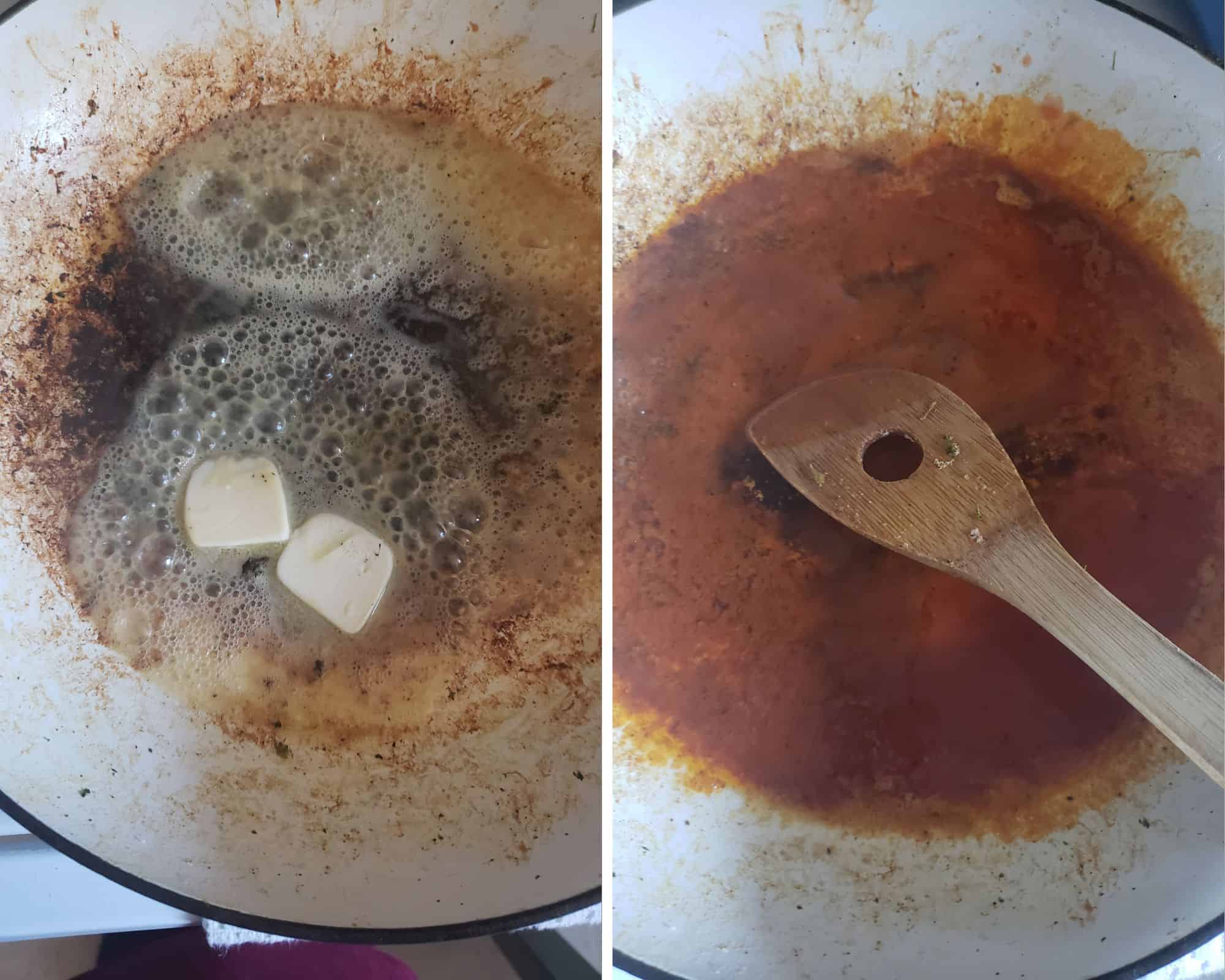 Melting the butter and adding the hot sauce.