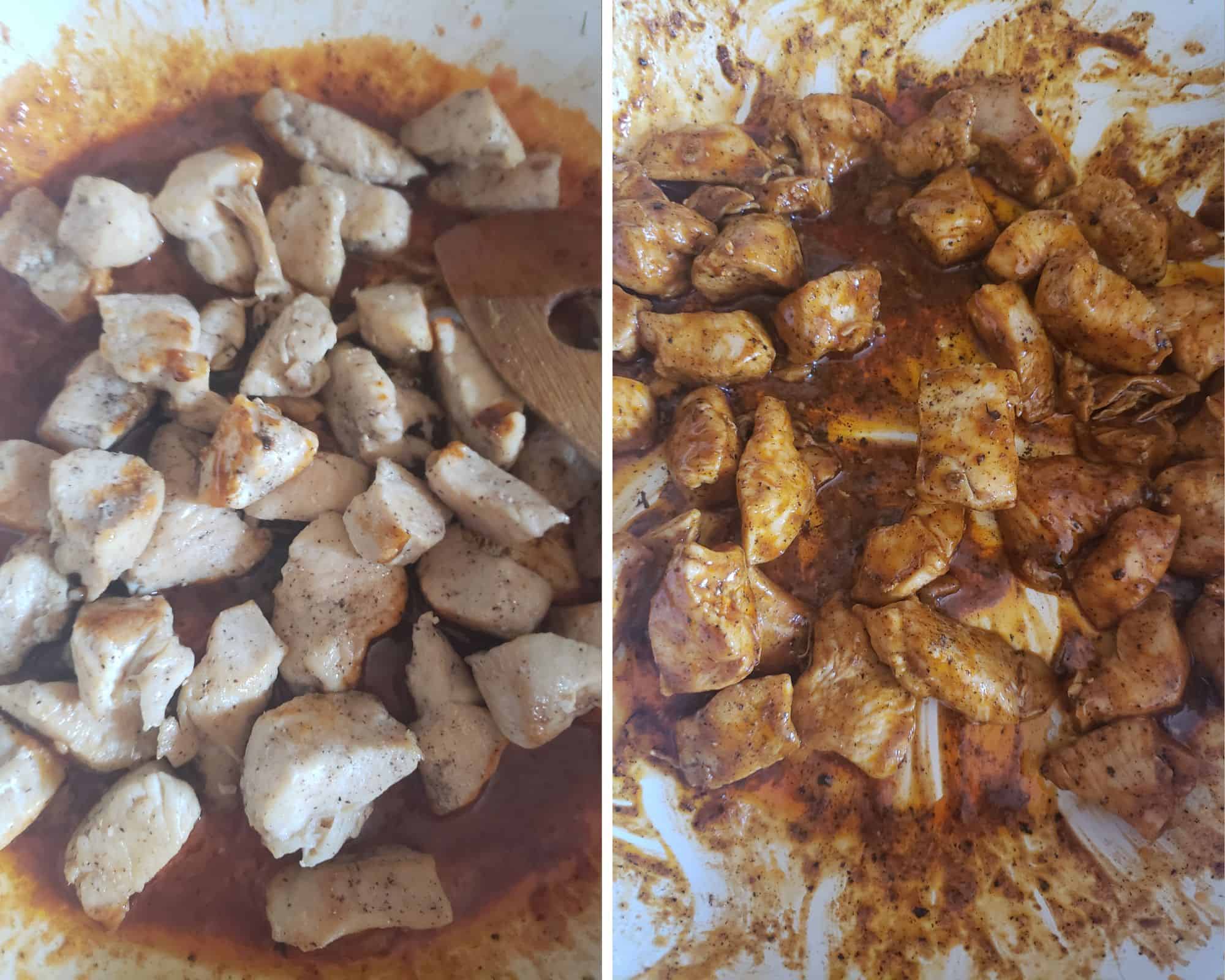 Coating the chicken in the hot sauce and butter.