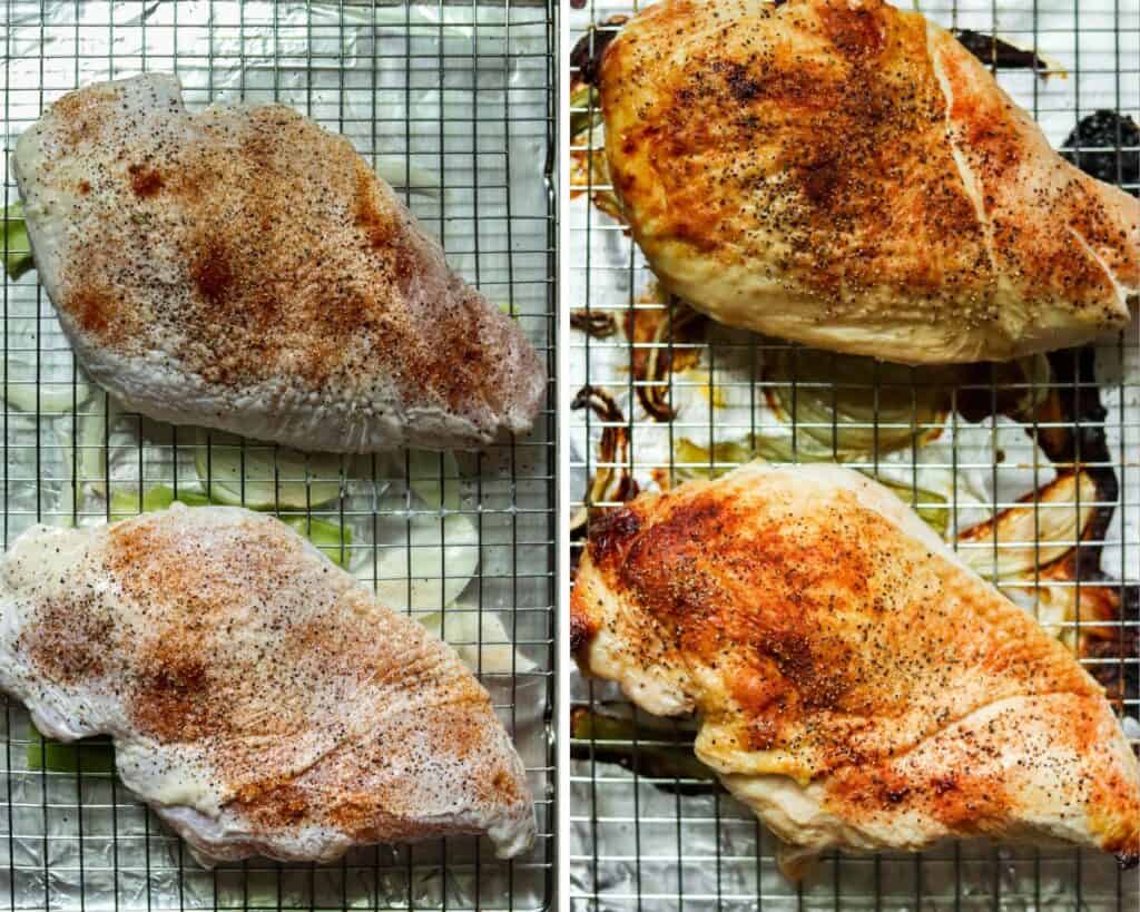 Photos showing the turkey breast before and after roasting.