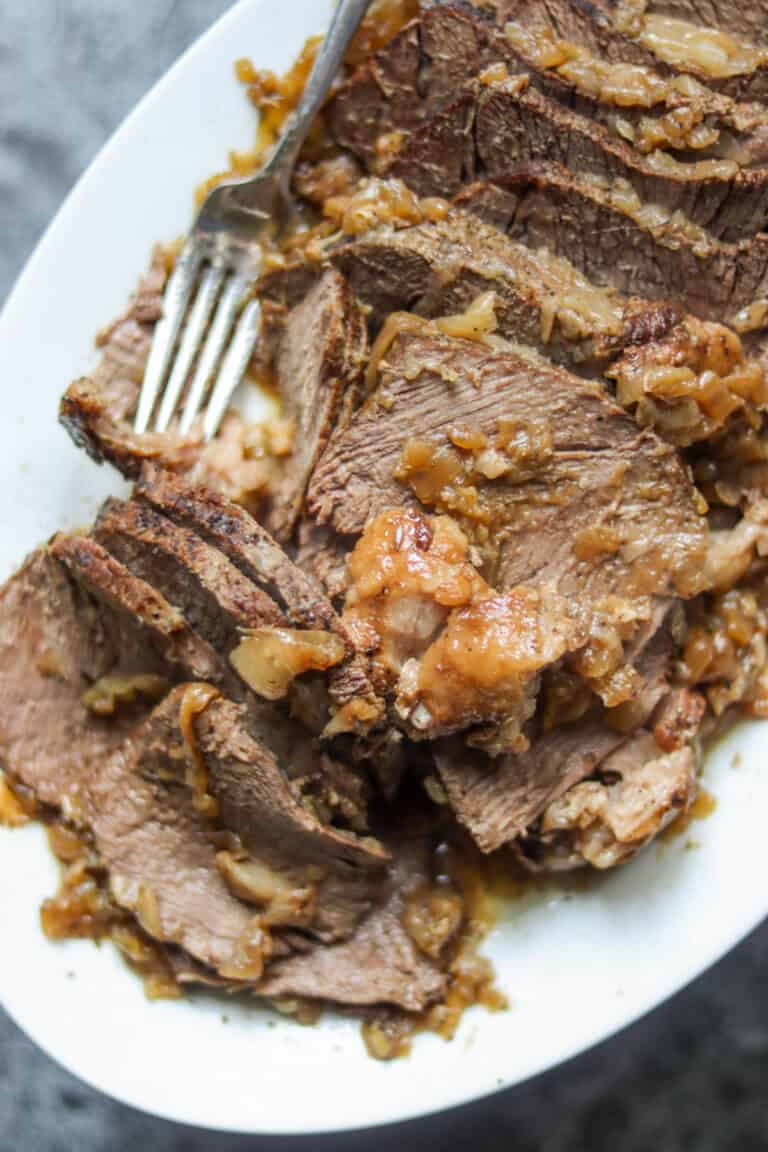 Plate of sliced pot roast.