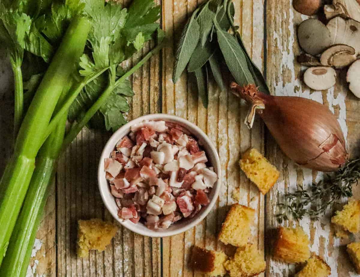 Ingredients for old fashioned cornbread dressing with pancetta.
