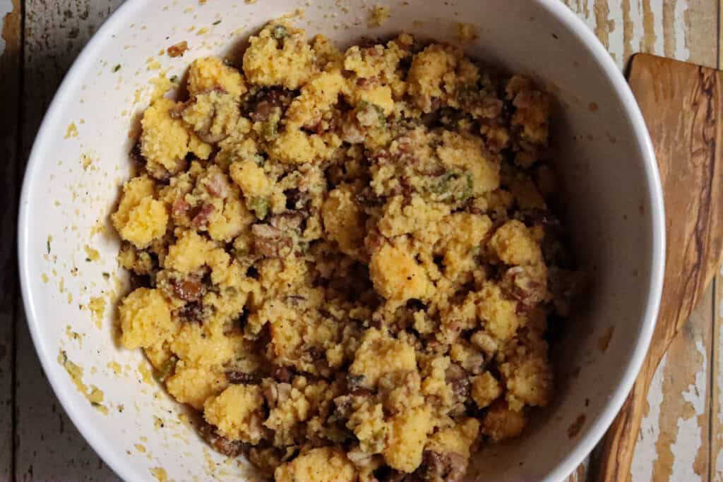 Dressing in a mixing bowl.