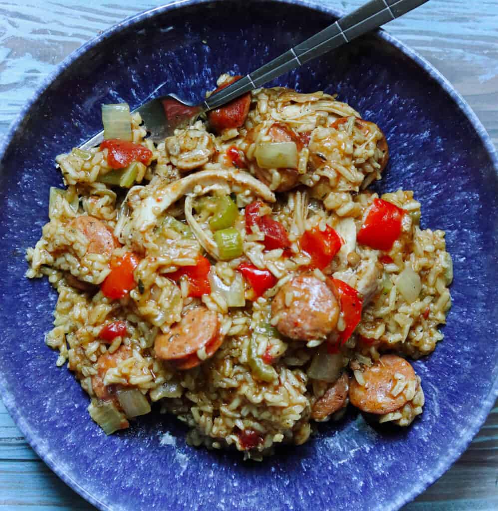 Jambalaya in a blue bowl.