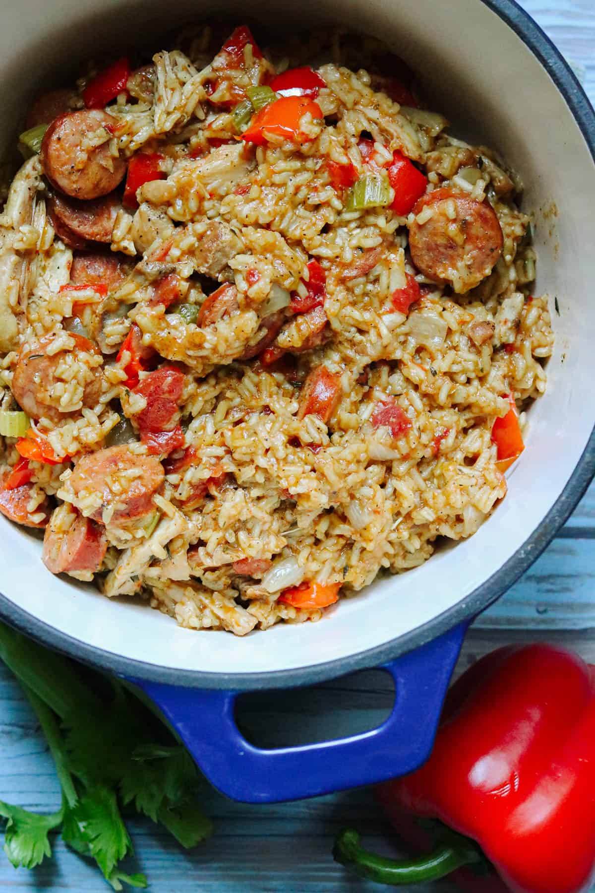 Jambalaya in a blue Dutch oven.