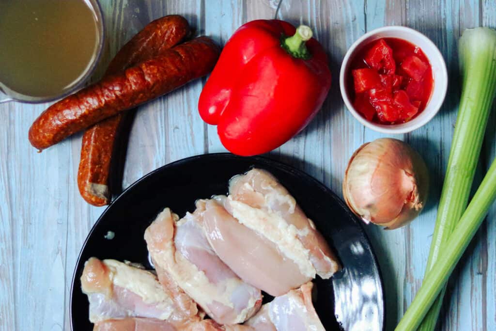 Ingredients for chicken and sausage jambalaya.