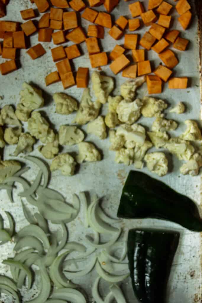 vegetables on a sheet pan for tacos.